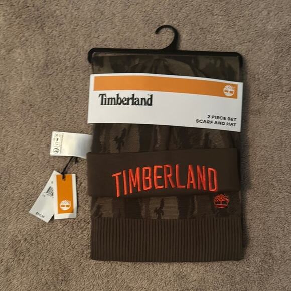 Timberland Brown and Orange Scarf and Hat Set